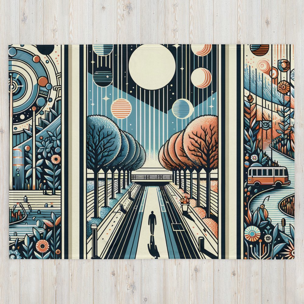 Retro Cosmic Landscape Triptych in Teal and Orange
