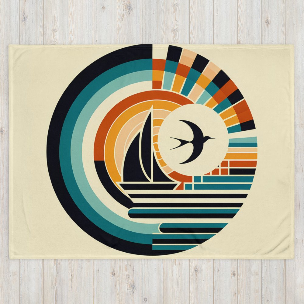 Geometric Sailboat and Swallow Sunset Emblem