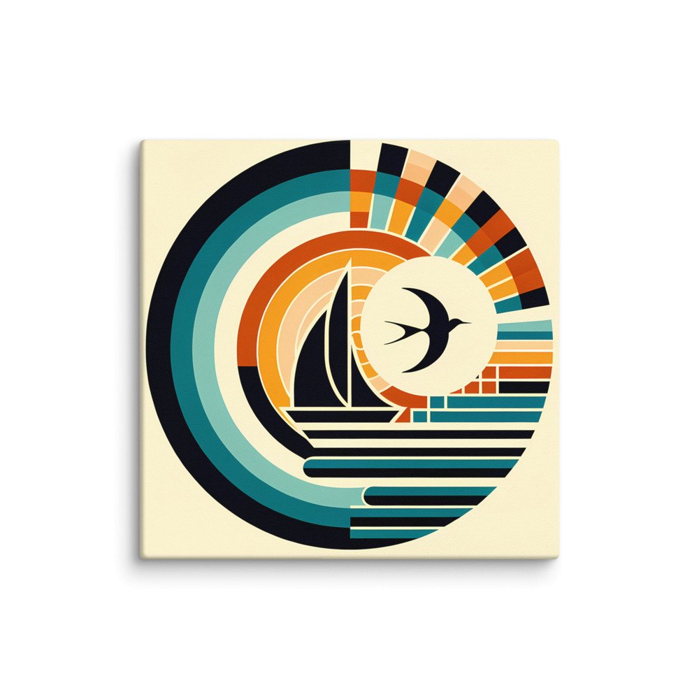 Geometric Sailboat and Swallow Sunset Emblem