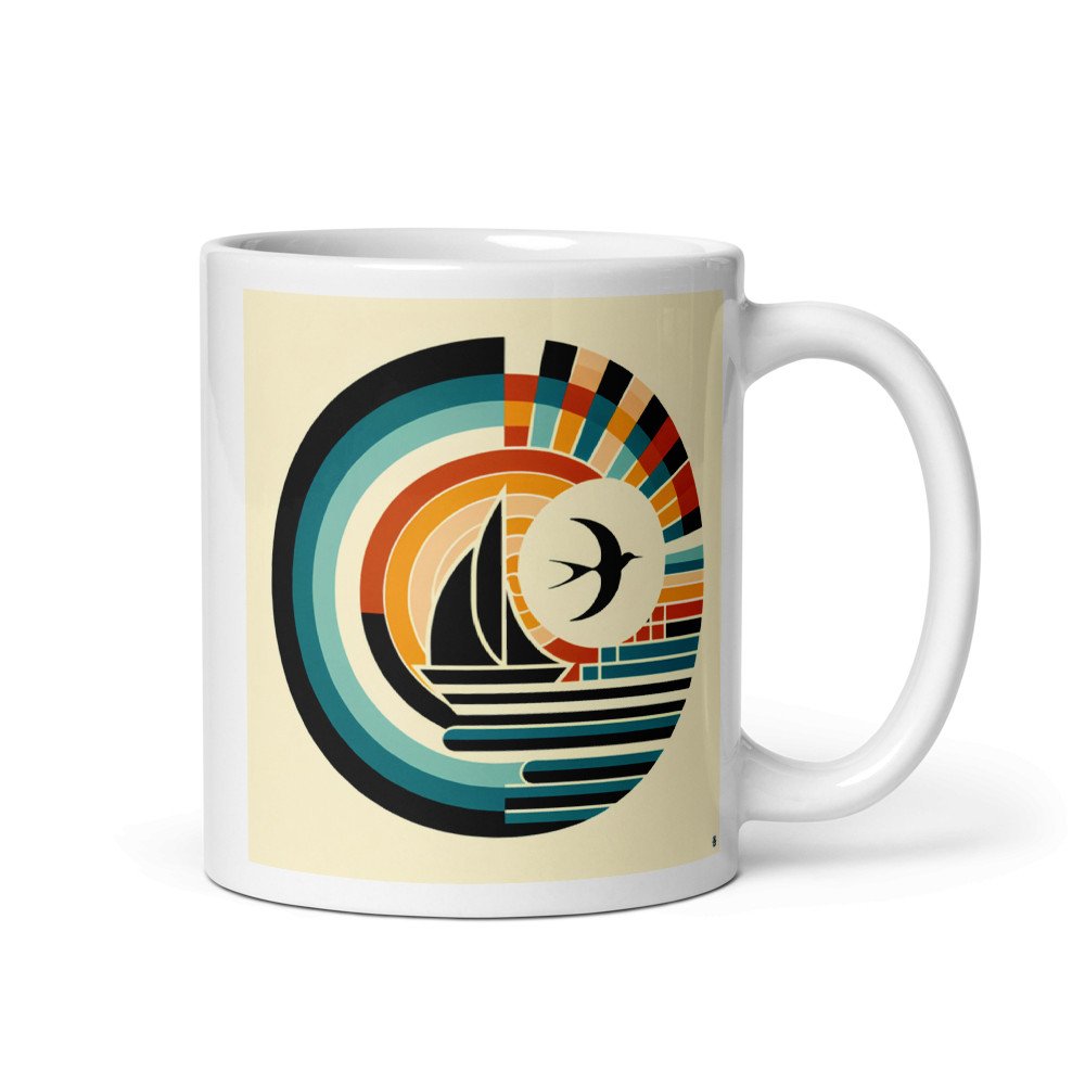 Geometric Sailboat and Swallow Sunset Emblem