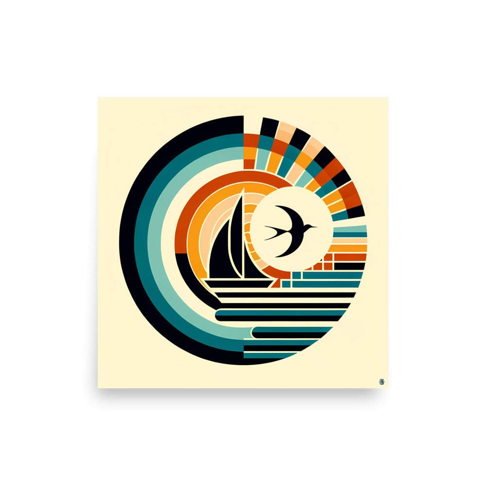 Geometric Sailboat and Swallow Sunset Emblem