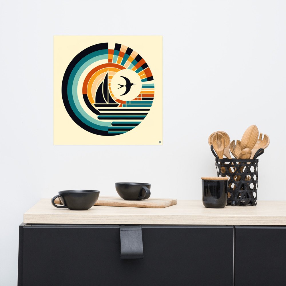 Geometric Sailboat and Swallow Sunset Emblem