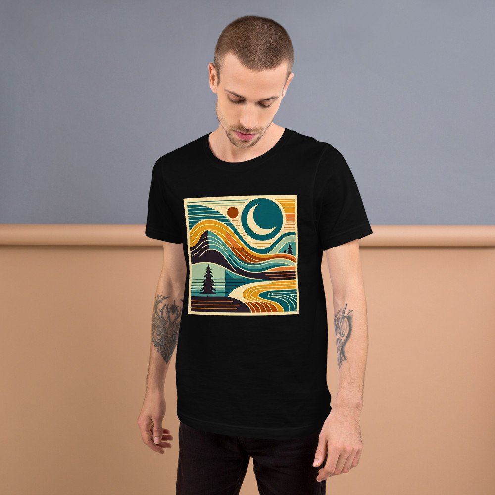 Retro Topographic Landscape with Moon and Pines