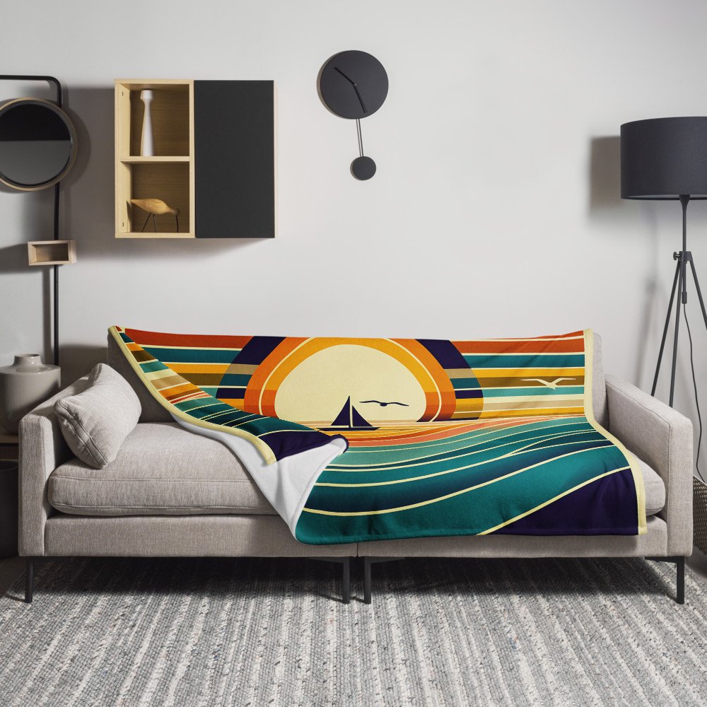 Geometric Sunset Sailboat Over Colour-Block Waves