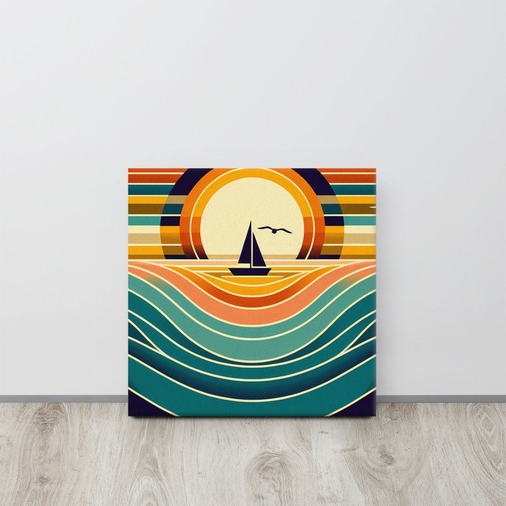 Geometric Sunset Sailboat Over Colour-Block Waves