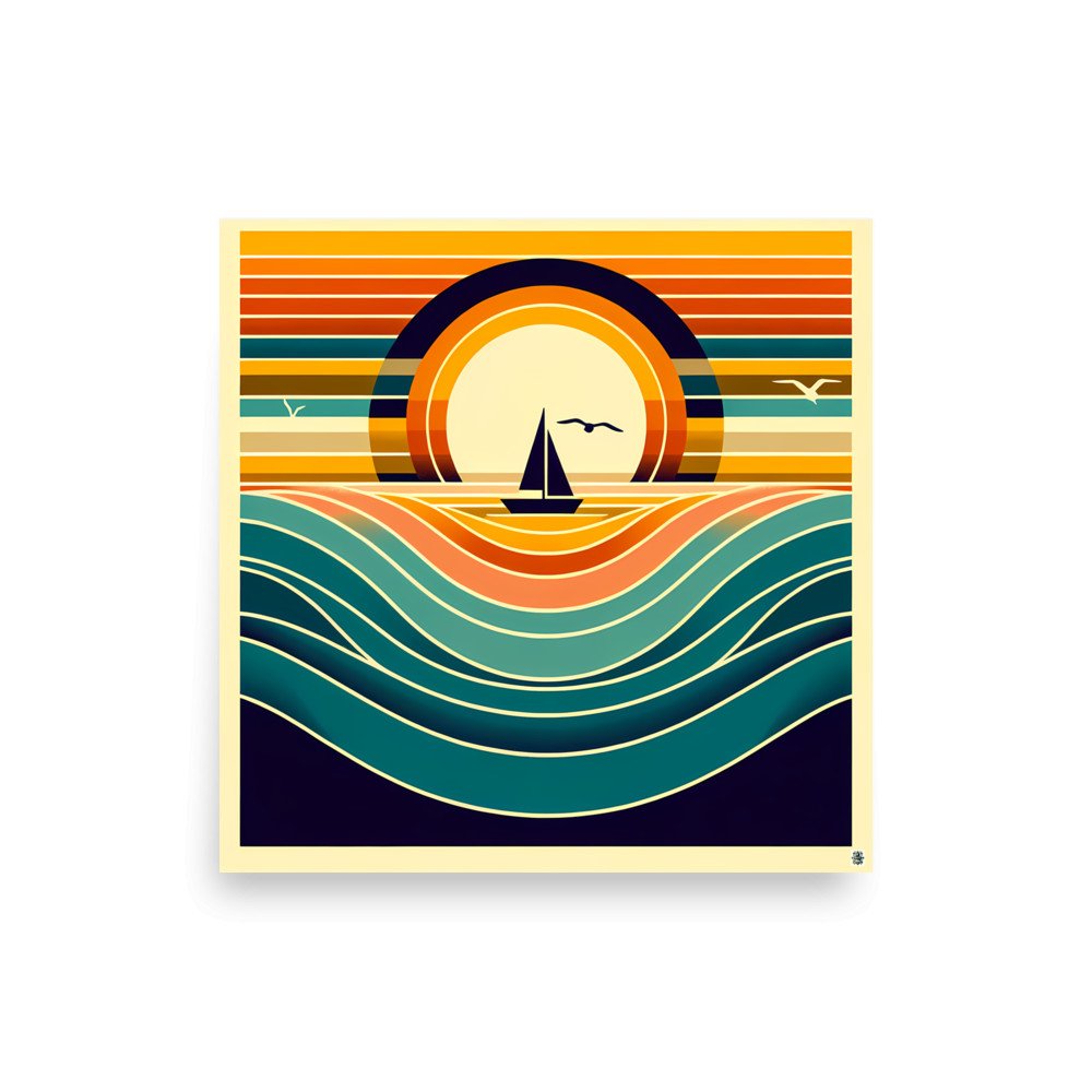 Geometric Sunset Sailboat Over Colour-Block Waves
