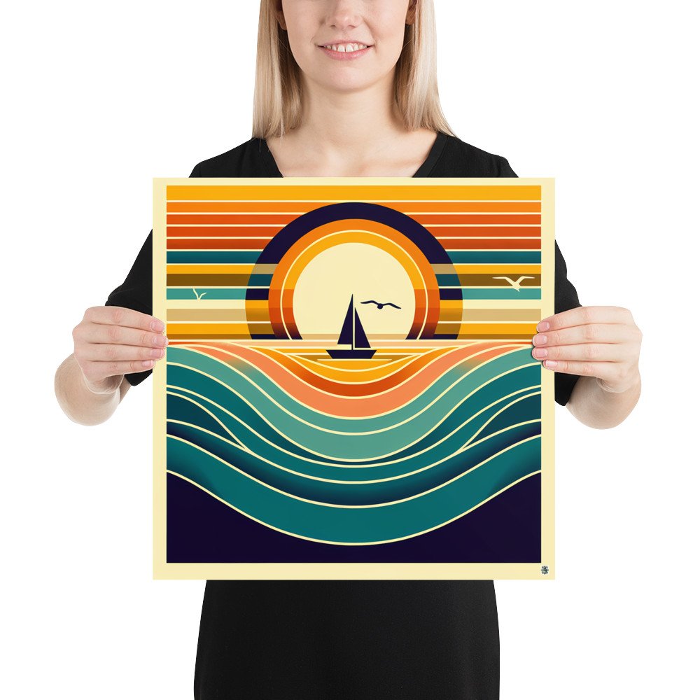Geometric Sunset Sailboat Over Colour-Block Waves