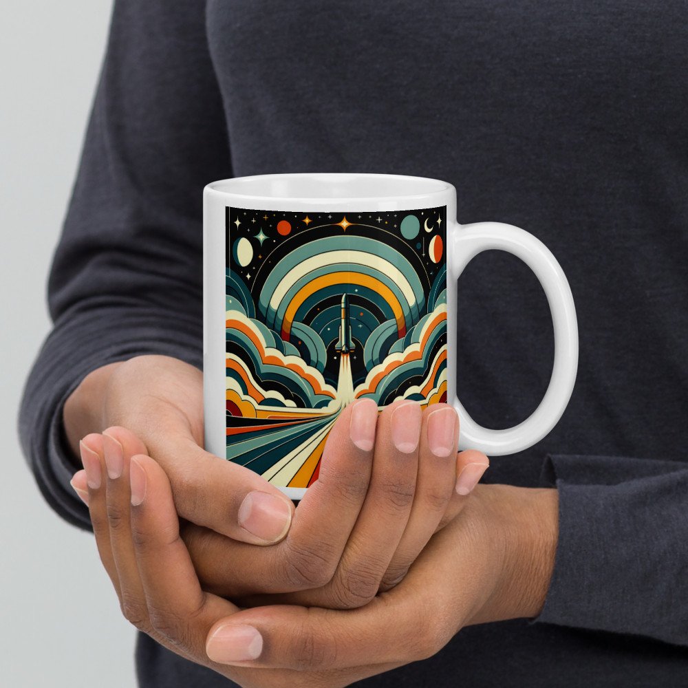 Retro Rocket Launch Through Geometric Clouds — Mug