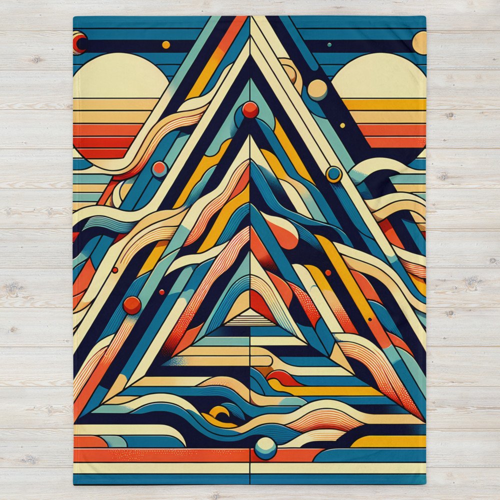 Retro Geometric Mountain Art with Sun and Waves