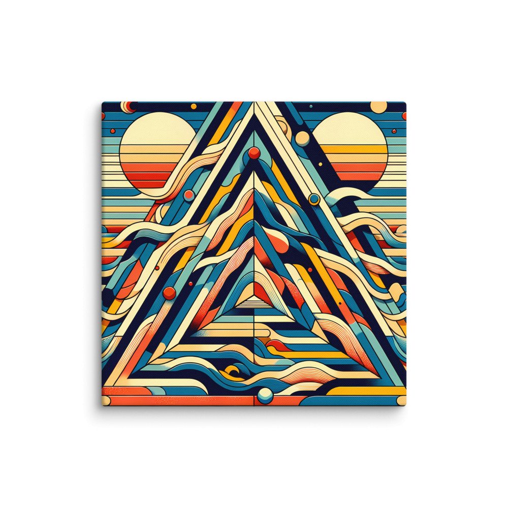 Retro Geometric Mountain Art with Sun and Waves