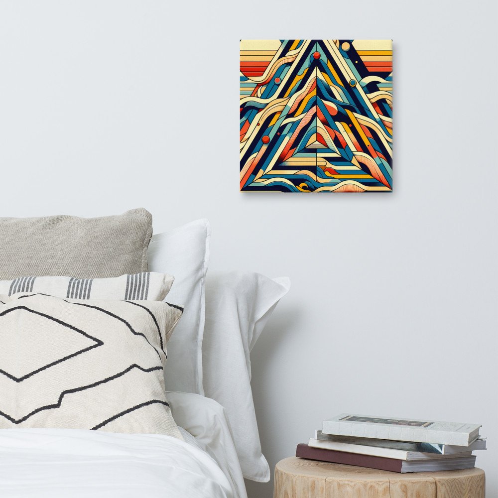 Retro Geometric Mountain Art with Sun and Waves