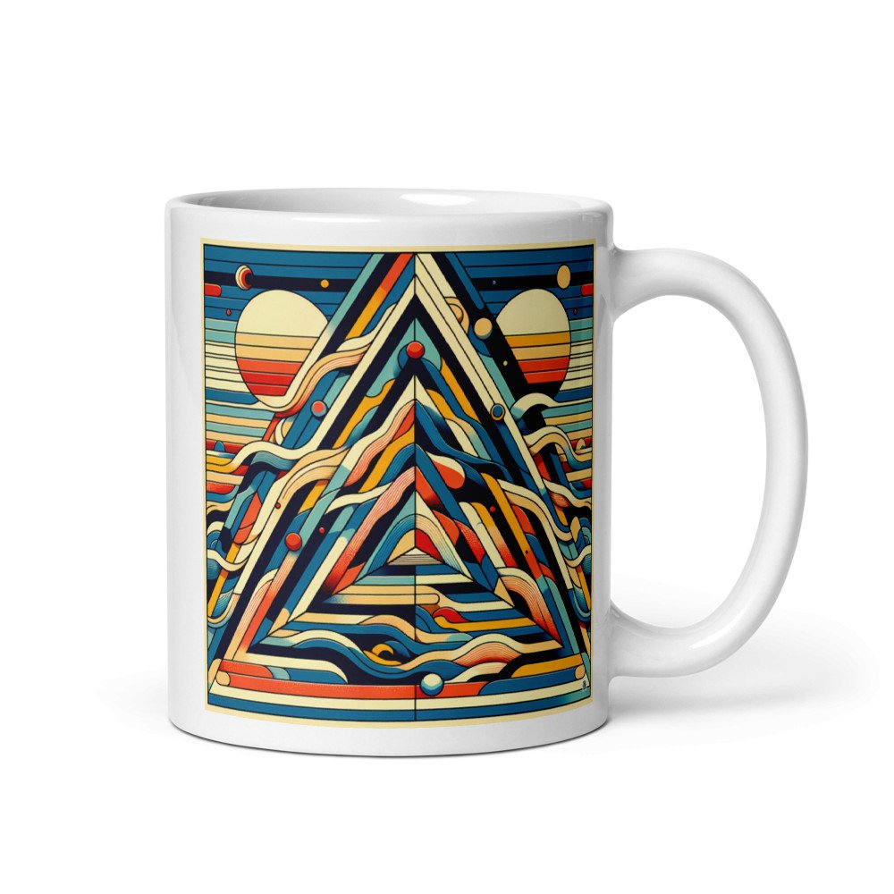 Retro Geometric Mountain Art with Sun and Waves