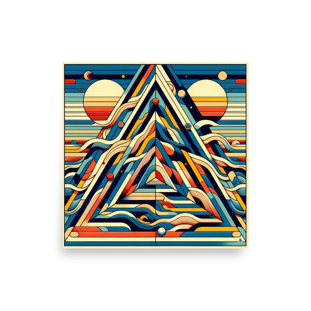 Retro Geometric Mountain Art with Sun and Waves