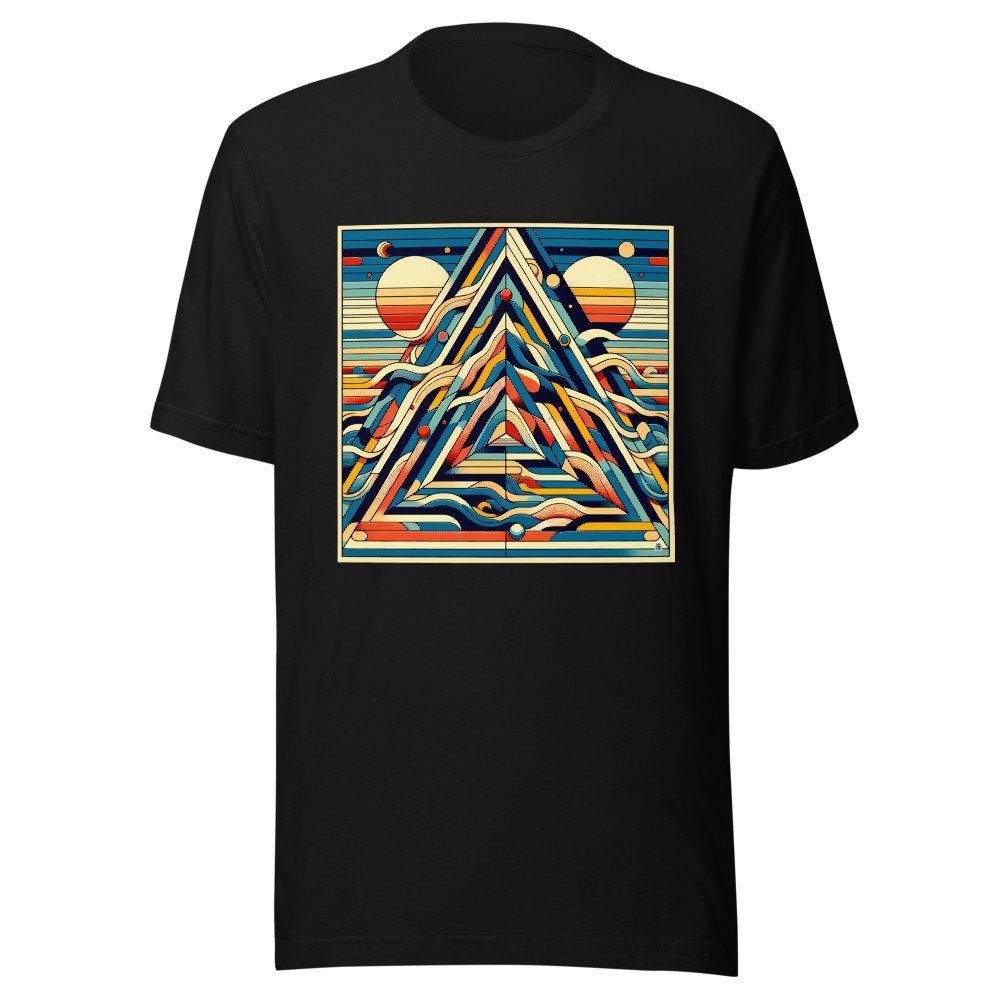 Retro Geometric Mountain Art with Sun and Waves
