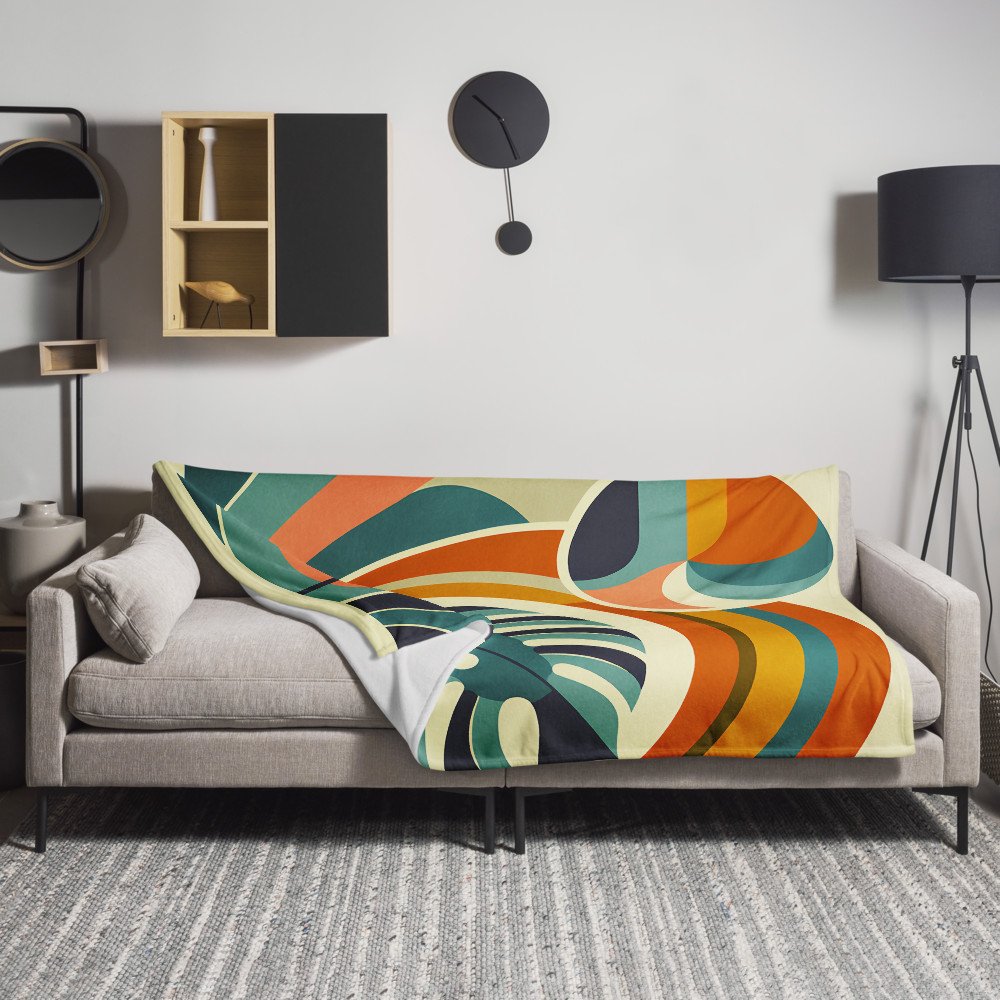 Abstract Monstera Leaf with Retro Rainbow Waves