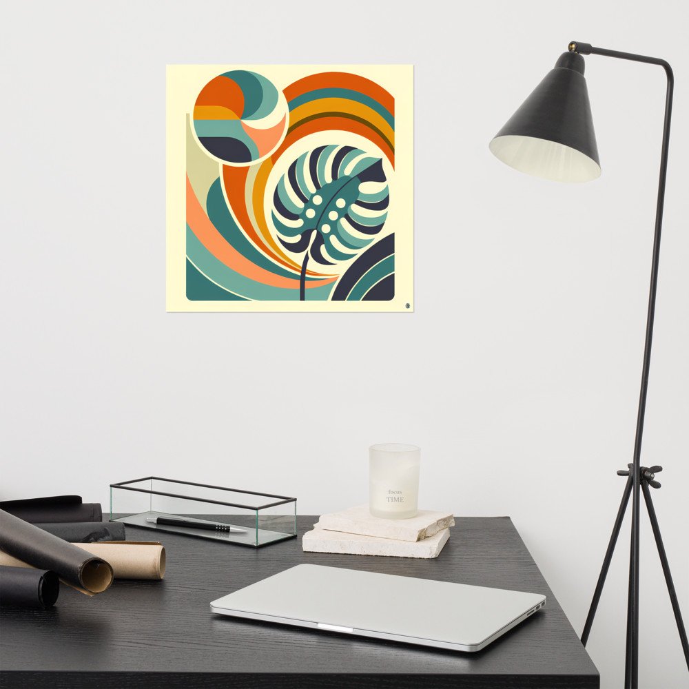 Abstract Monstera Leaf with Retro Rainbow Waves