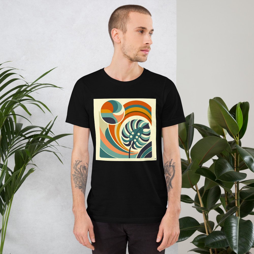 Abstract Monstera Leaf with Retro Rainbow Waves