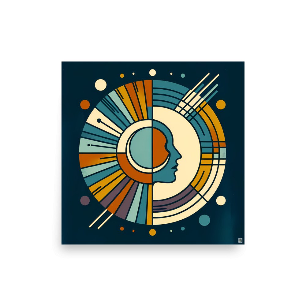 Geometric Moon Face in Retro Space Circles