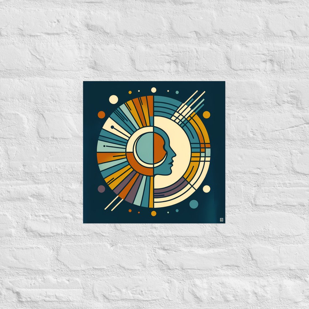 Geometric Moon Face in Retro Space Circles