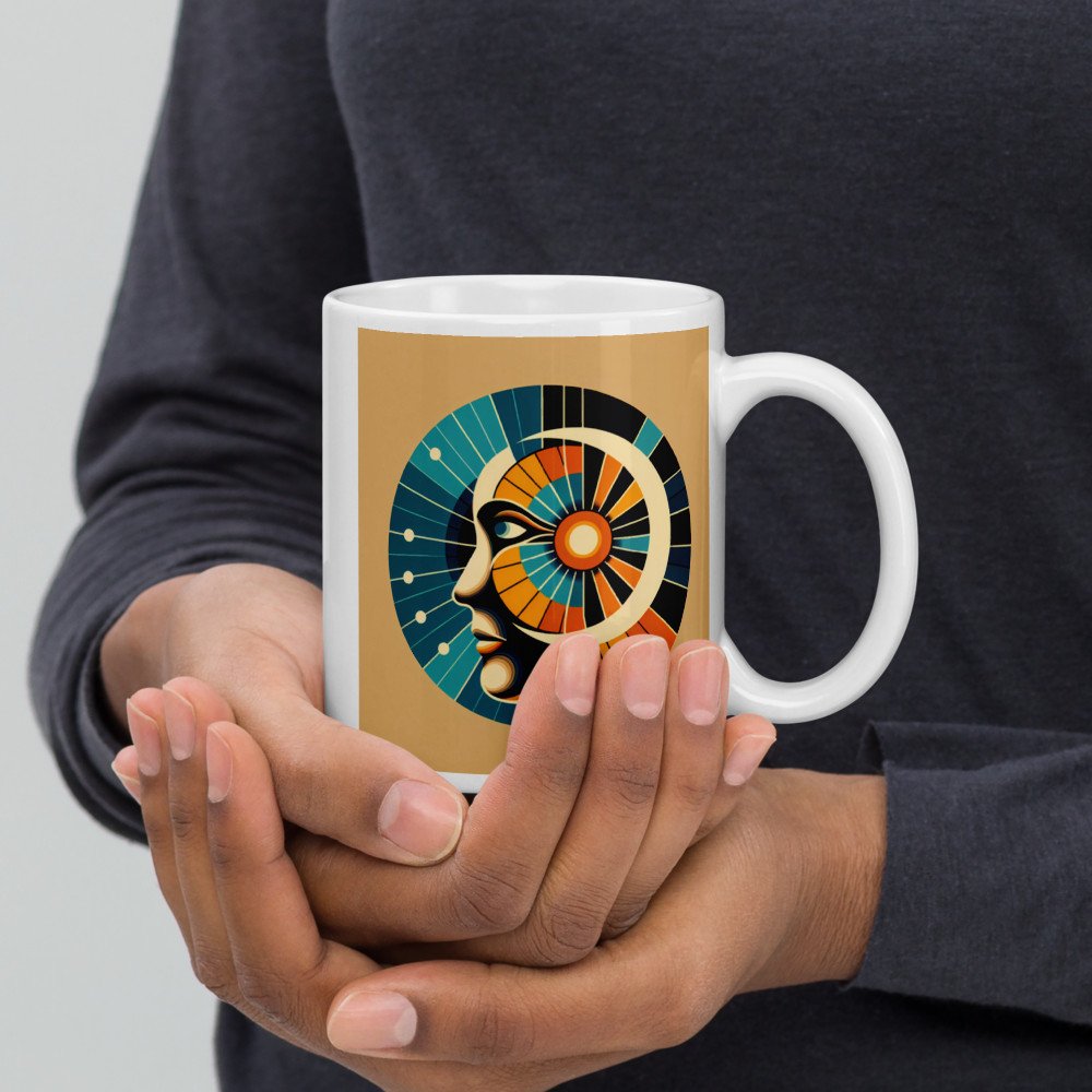 Geometric Abstract Face with Radiating Sunburst — Mug