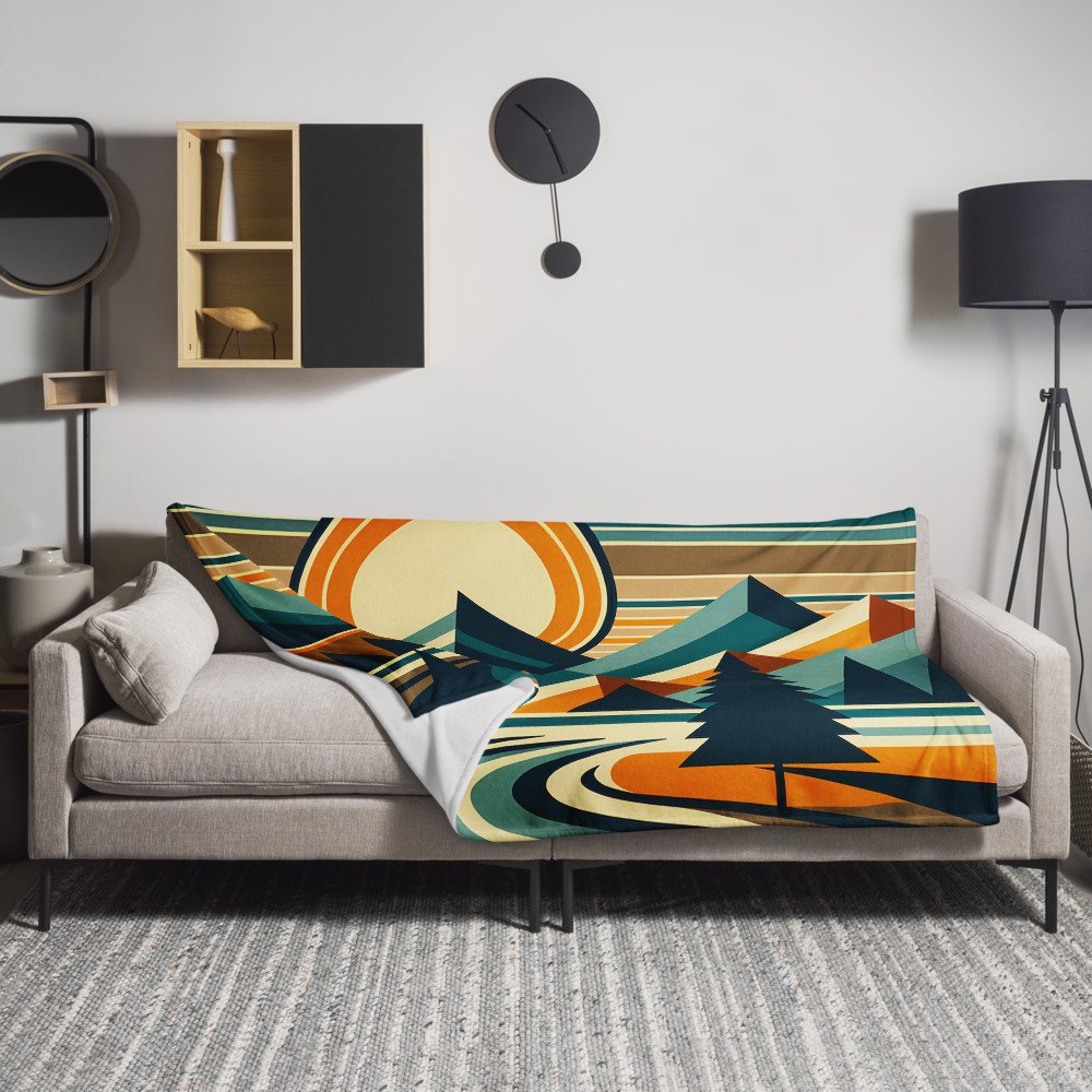 Geometric Mountain Peaks with Sun and Pine Trees