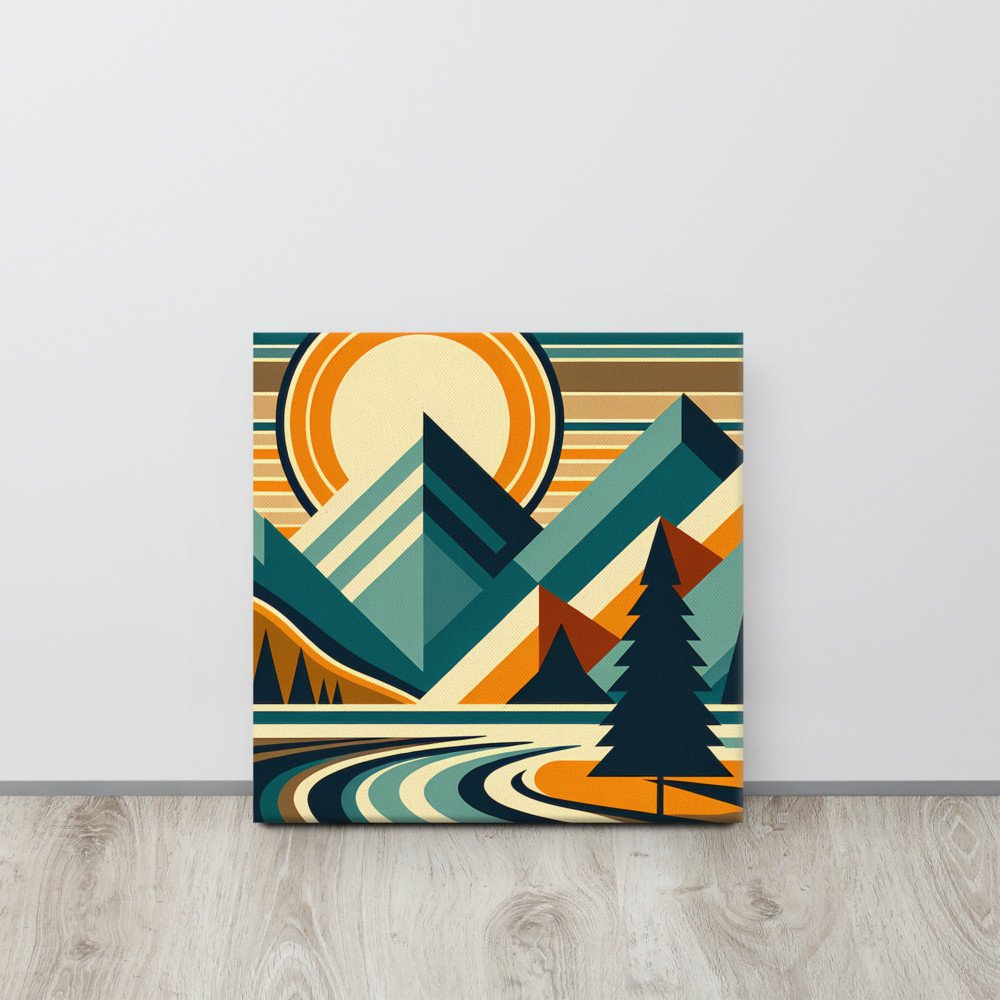 Geometric Mountain Peaks with Sun and Pine Trees