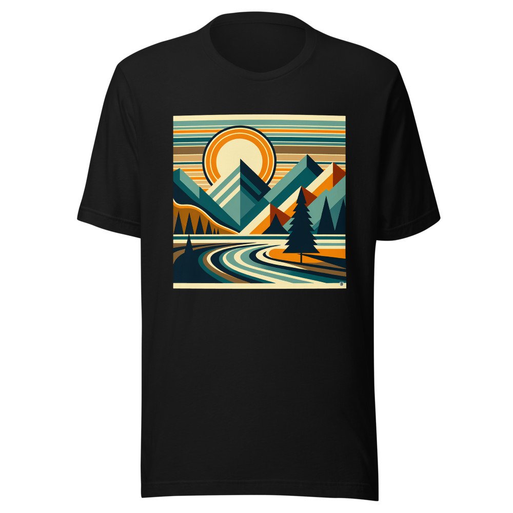 Geometric Mountain Peaks with Sun and Pine Trees