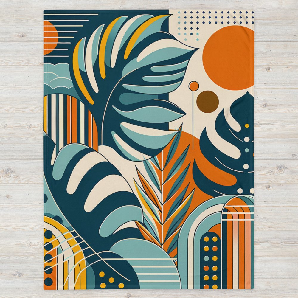 Abstract Botanical Leaves with Orange Sun