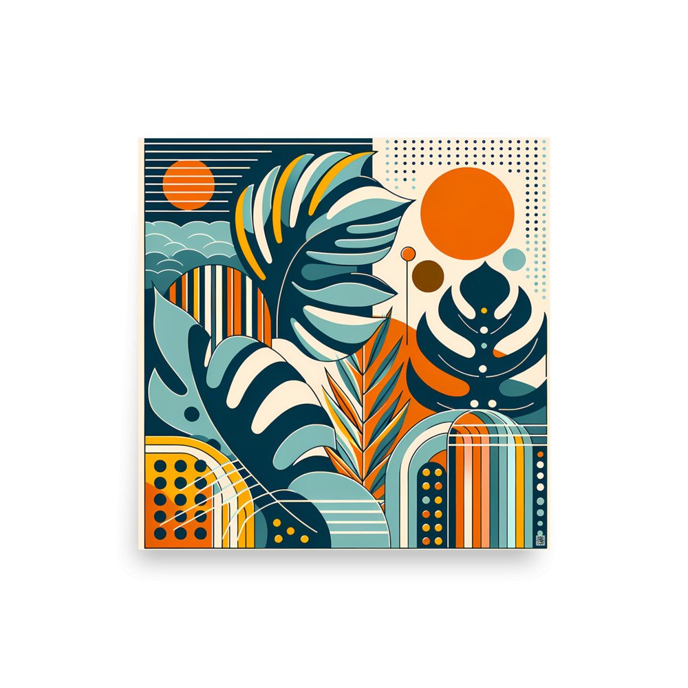 Abstract Botanical Leaves with Orange Sun