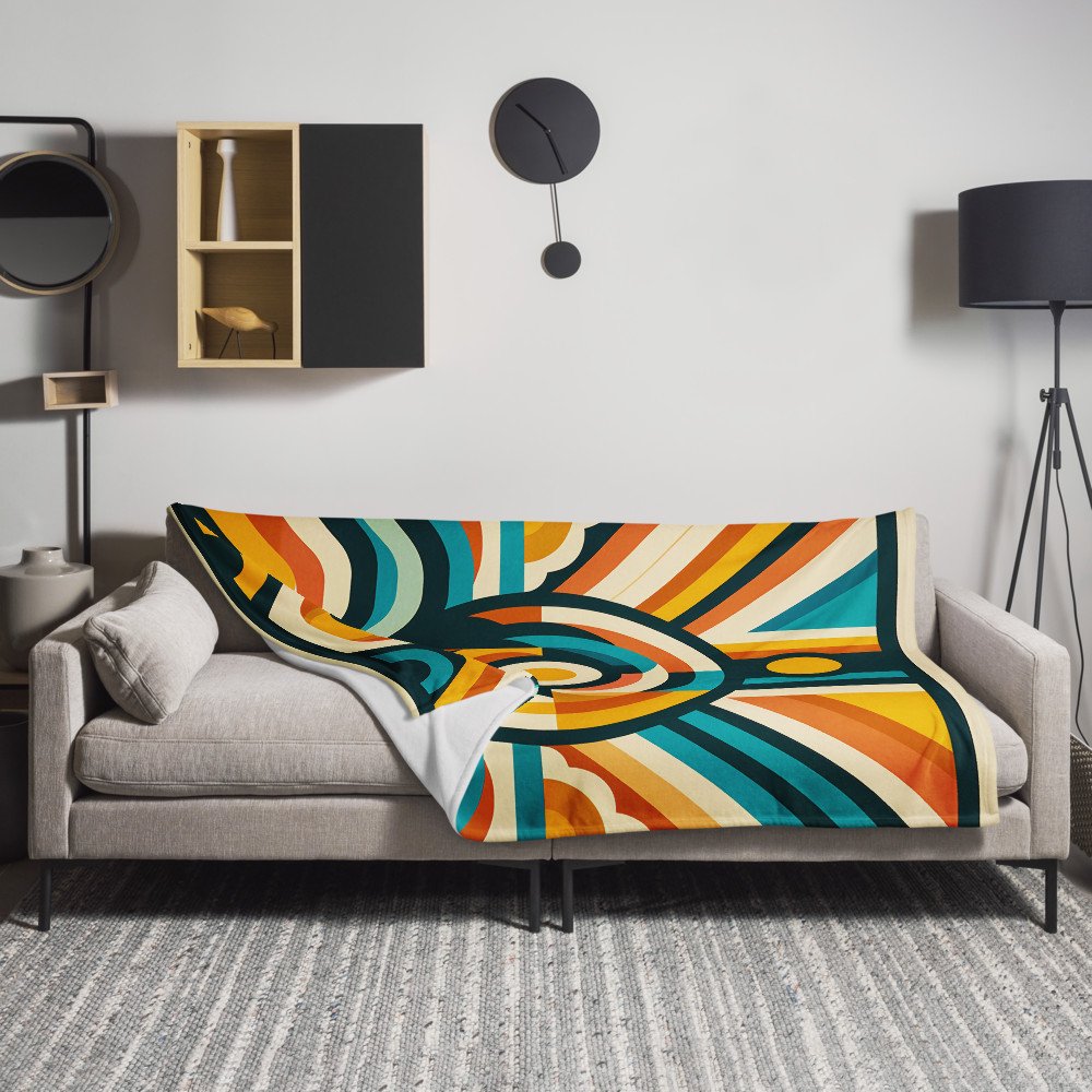 Retro Geometric Sun and Waves — Throw Blanket