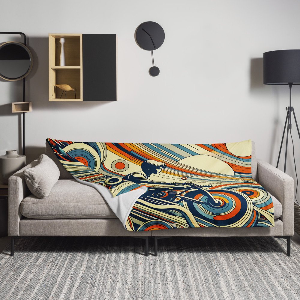 Retro Motorbike Rider with Geometric Waves in Teal