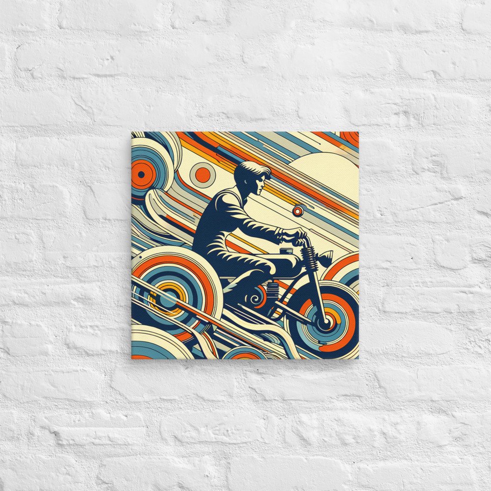 Retro Motorbike Rider with Geometric Waves in Teal