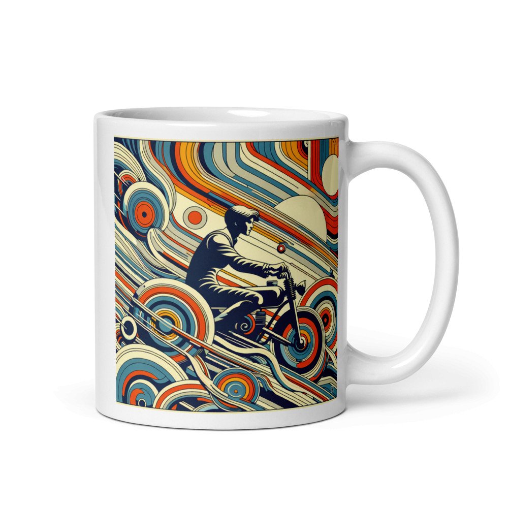 Retro Motorbike Rider with Geometric Waves in Teal