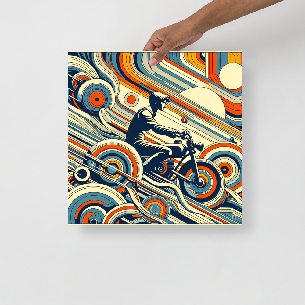 Retro Motorbike Rider with Geometric Waves in Teal