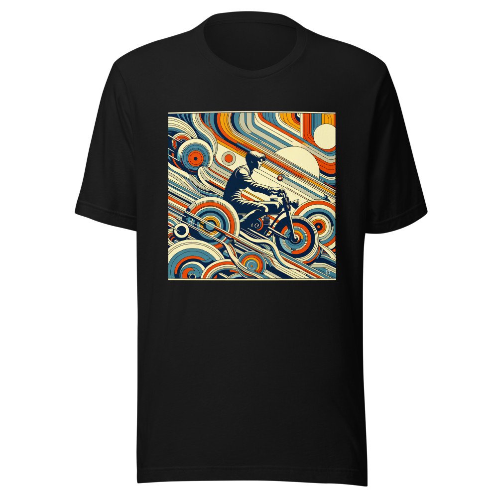 Retro Motorbike Rider with Geometric Waves in Teal