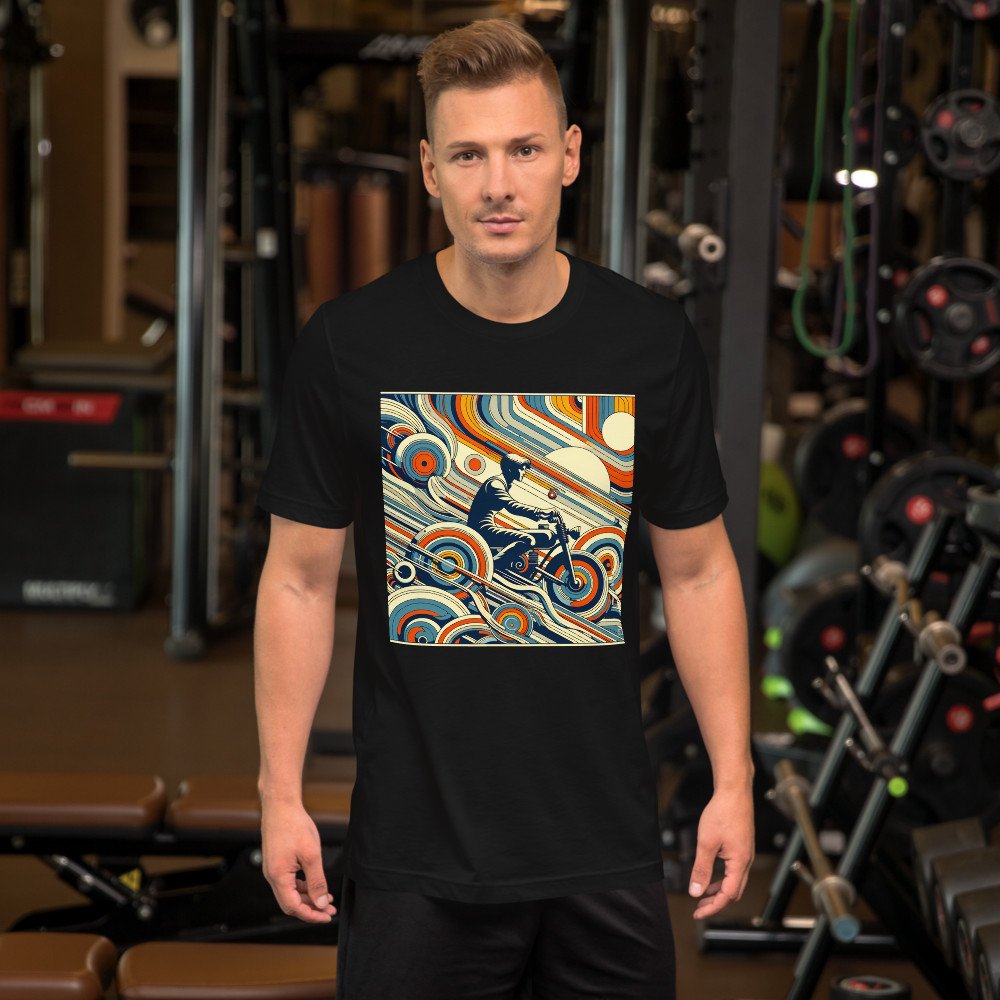 Retro Motorbike Rider with Geometric Waves in Teal