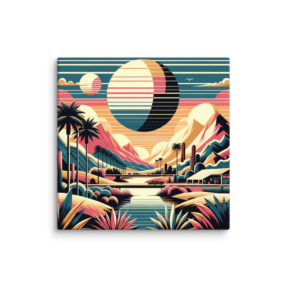 Retro Desert Mountain Landscape with Eclipse Sunset