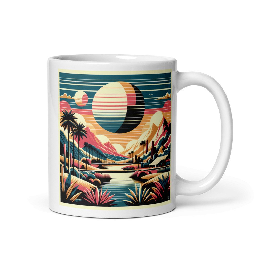 Retro Desert Mountain Landscape with Eclipse Sunset