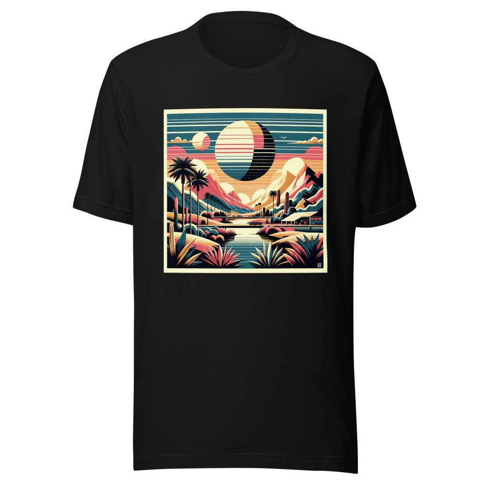 Retro Desert Mountain Landscape with Eclipse Sunset