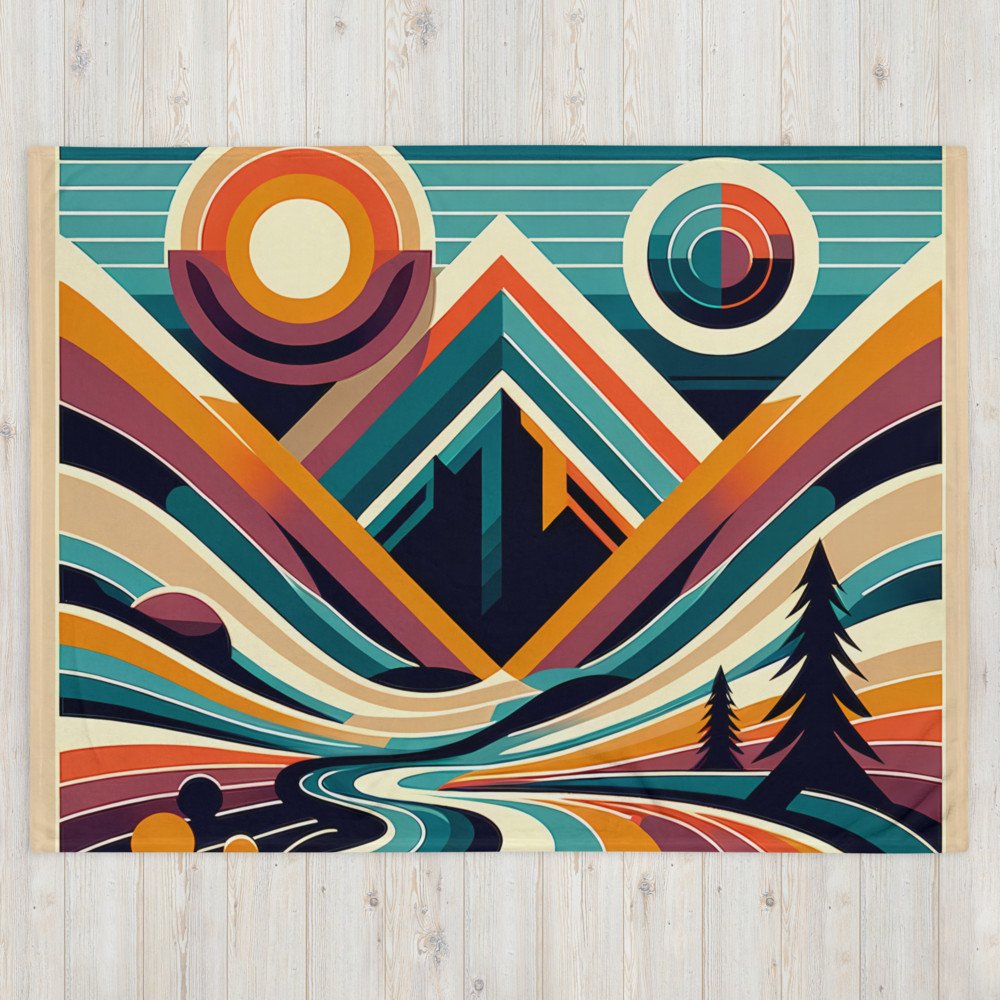 Geometric Mountain Valley with Retro Sun