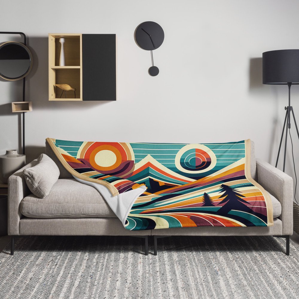 Geometric Mountain Valley with Retro Sun — Throw Blanket