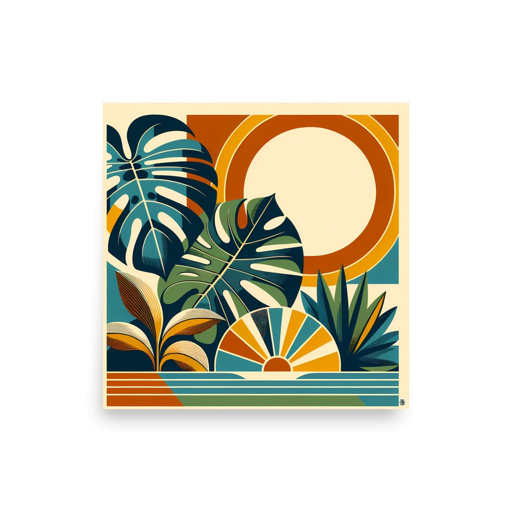 Abstract Botanical Sun and Monstera Leaves