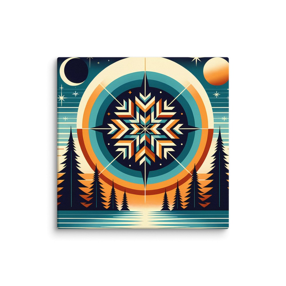 Geometric Snowflake Over Winter Forest Lake