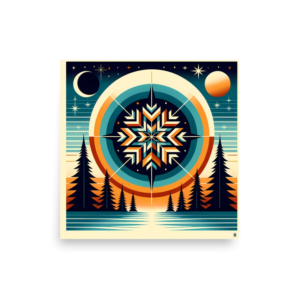 Geometric Snowflake Over Winter Forest Lake