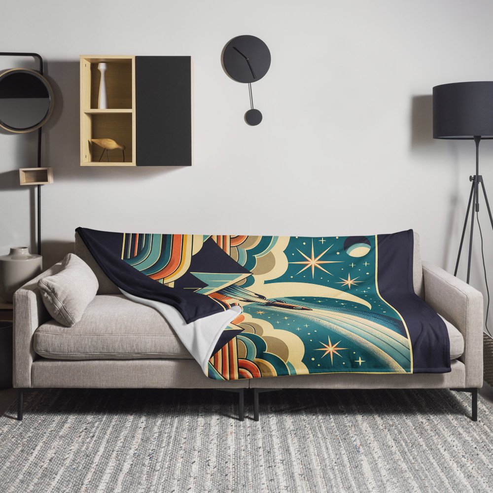 Retro Rocket Over Crescent Moon and Pyramids