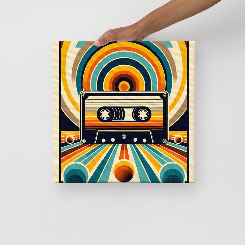 Retro cassette with geometric rainbow lines