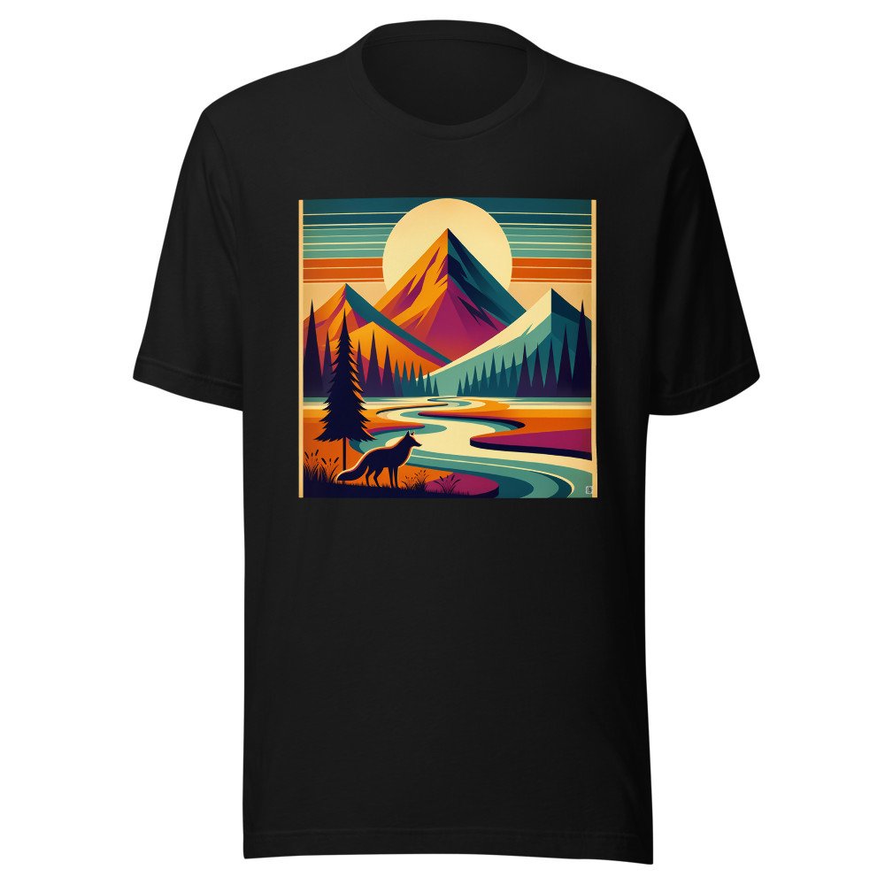 Geometric Mountain Landscape with Fox and River