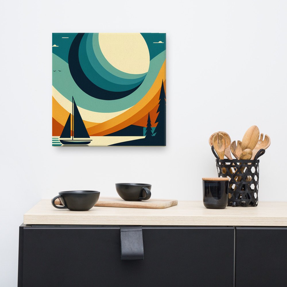 Geometric Moon Over Lake Sailboat