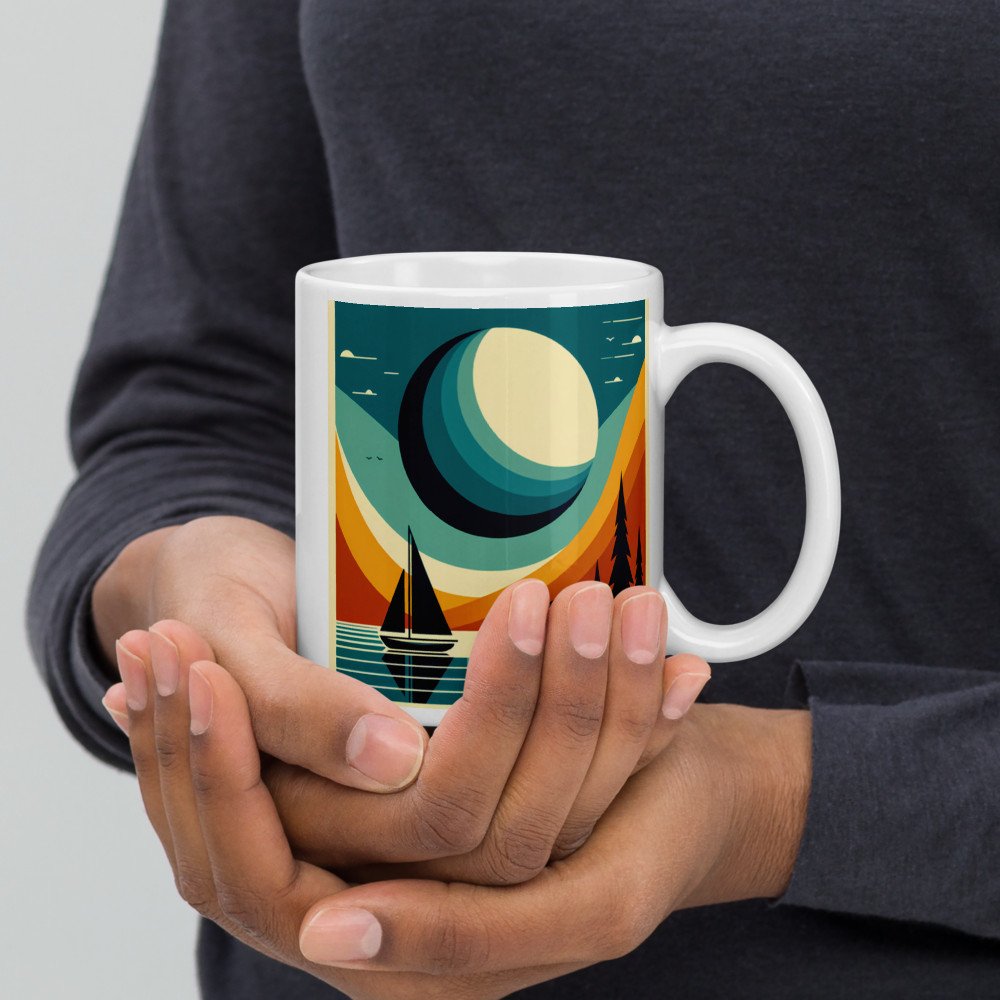 Geometric Moon Over Lake Sailboat