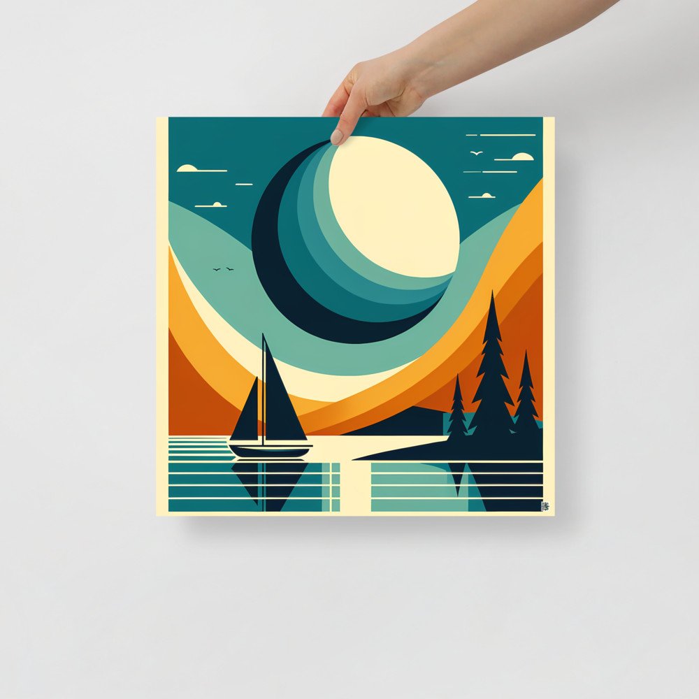 Geometric Moon Over Lake Sailboat
